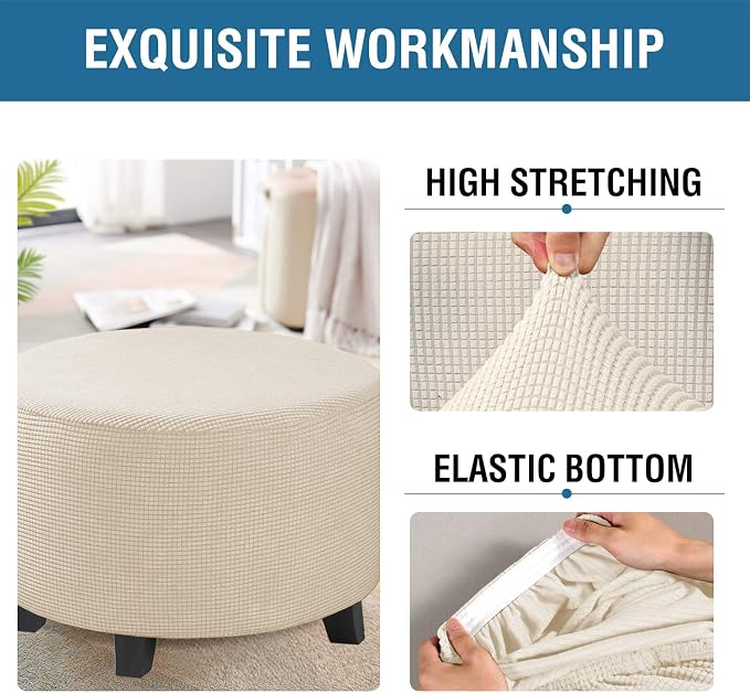 H.VERSAILTEX Ottoman Cover Stretch Ottoman Slipcover Round Ottoman Storage Cover Folding Stool Covers Furniture Protector Cover for Footrest Ottoman Fit Dia 20" - 23", Natural