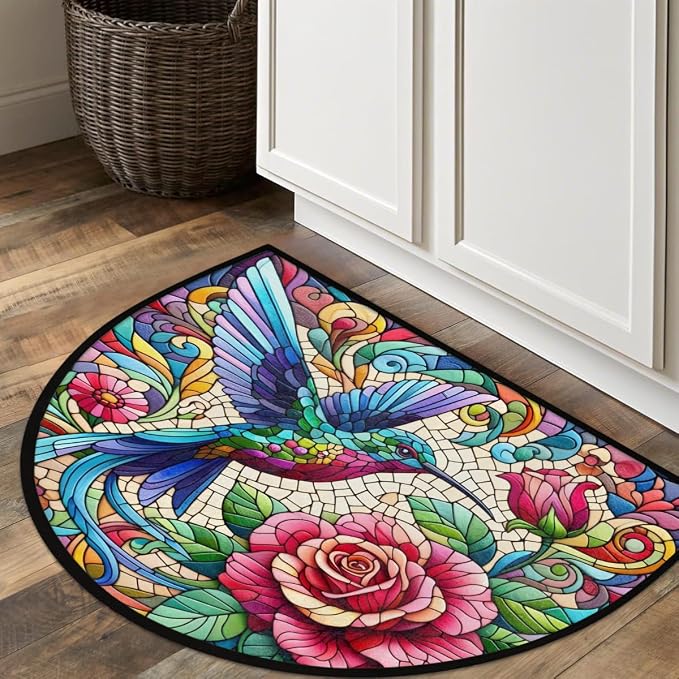 Pardick Half Round Doormat Flower Bird Colorful Semi Circle Rug Non Slip Indoor Outdoor Entrance Half Moon Rug Washable Front Floor Mat for Kitchen Bathroom Patio Fireplace Holiday Decor