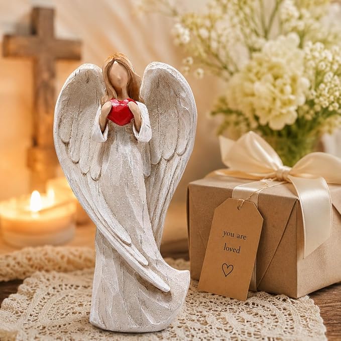 Hodao 8.75inch Resin Praying Angel Sculpture Figurine for Gifts Home Decoration Praying commemorating Angel Statue, exquisitely Carved and Hand-Painted Characters (with Hear)
