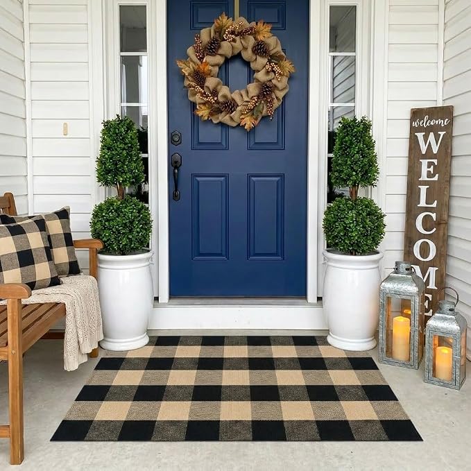 Buffalo Plaid Rug 2'4''x 3'7'' Brown and Black Front Door Mat Reversible Layered Porch Rug Washable Hand Woven Cotton Area Rug for Indoor Outdoor Entryway Patio Porch Decor
