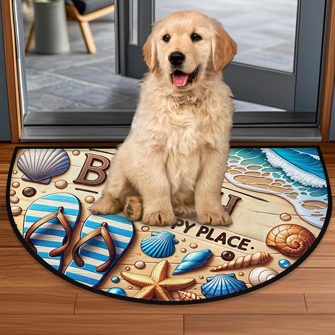 Beach Shell Sea Half Round Door Mat Non-Slip Semi Circle Rug Washable Half Moon Floor Rug Absorbent Bathroom Area Rugs for Outdoor Indoor Fireplace Mat Entryway Kitchen Decor Rugs