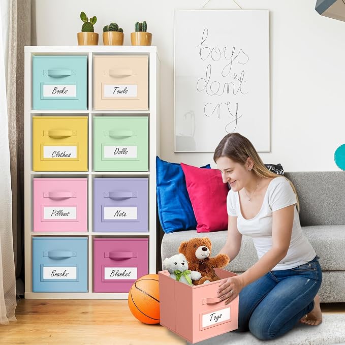 Teenyyou 10 Pack Fabric Storage Cubes 11 Inch Collapsible Cube Bins with Label Window & Handle Foldable Organizers Baskets for Shelf Closet Nursery Kids Room Clothes Book Toy(Macaroon)