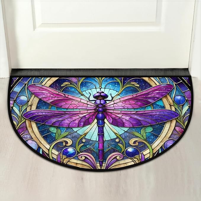 Purple Dragonfly Glass Painting Half Round Mat Half Moon Door Rug Washable Durable Semi Circle Carpet Floor mats for Indoor Outdoor Bathroom Kitchen Patio Hearth Rug Laundry Room Home Decoration
