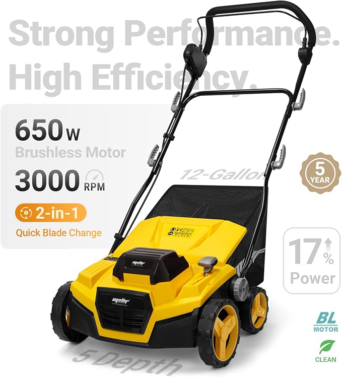 Cordless Lawn Dethatcher and Scarifier Compatible with Dewalt 20V Battery | Tool Only, 15" Electric Brushless Dethatcher, 40V Dual Battery Powered, Air Boost Technology, 12-Gal Collection Bag, 5 Depths