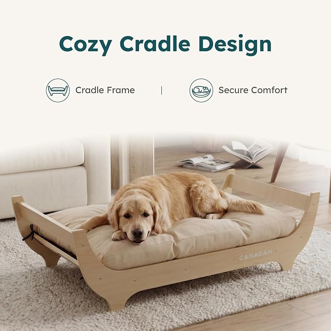 CANAGAN Elevated Wooden Dog Bed with Cushion, Natural Wood, Medium | Raised Dog Couch Bed with a Washable Cover and Plush PP-Filled Cushion, Designed for Medium Dogs and Stylish Indoor Living