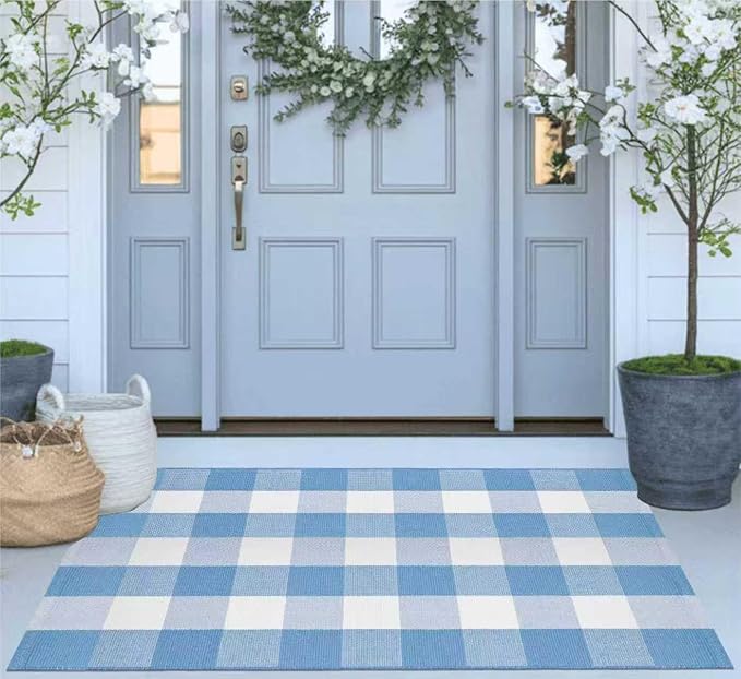 Buffalo Plaid Outdoor Rug 27.5''X 43.3' Light Blue White Checked Porch Rug Cotton Woven Washable Rug Layering Doormat for Welcome Door Mat Entryway Dining Room Bedroom Living Room
