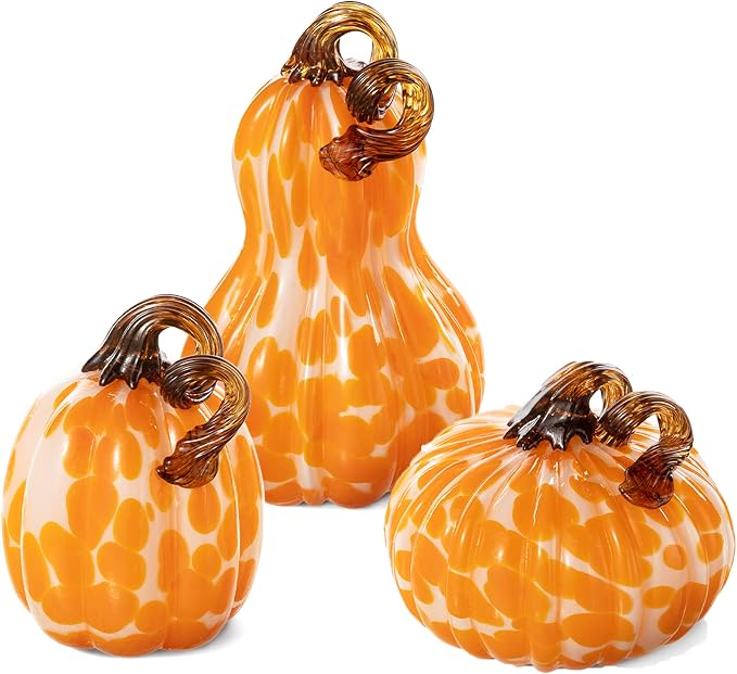 Glitzhome Set of 3 Hand Blown Glitter Glass Pumpkin Table Accent Home Decor for Fall & Harvest Thanksgiving Decorating, Orange Dots