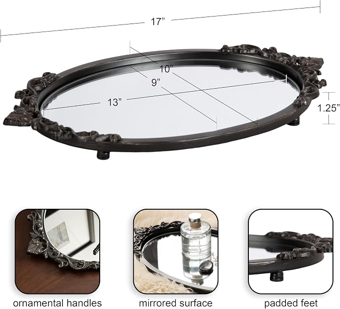 Kate and Laurel Arendahl Vintage Oval Mirrored Decorative Tray; 17 x 10; Antique Black; Traditional Ottoman Tray for Living Room Home Decor with Ornate Detailing