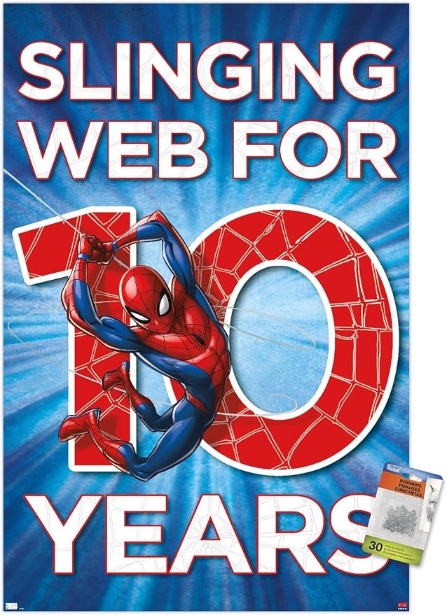 Trends International Marvel Spider-Man - Happy 10th Birthday Wall Poster, 22.37" x 34.00", Premium Poster & Push Pin Bundle
