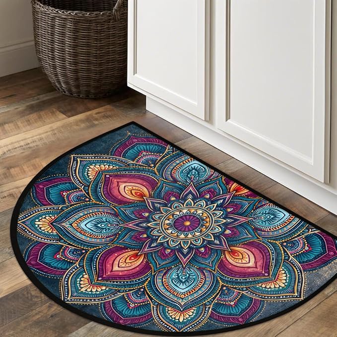 Mandala Half Round Door Mat Semi Moon Rug Fireplace Carpet Area Rugs | Abstract Geometric Non Slip Absorbent Half Circle Mat Carpet for Indoor Outdoor Patio Kitchen Bathroom Entryway Home Decor