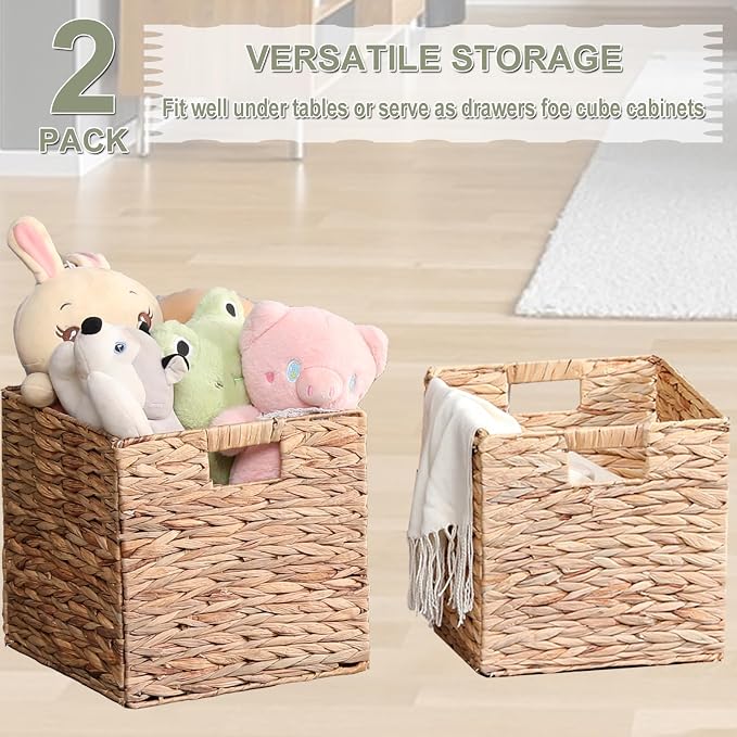 Water Hyacinth Storage Baskets 11x11x11 Inch Wicker Storage Cubes Set of 2 | Handwoven Foldable Wicker Cubes with Sturdy Handles, Rustic Laundry Organizer for Bedroom Shelves, Kitchen, Bathroom