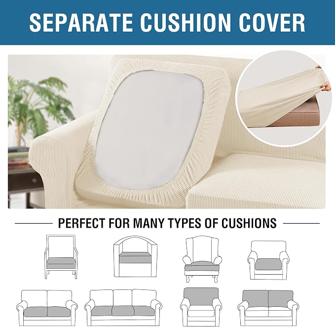H.VERSAILTEX 3 Piece Stretch Sofa Covers for 2 Cushion Sofa Couch Covers for Living Room Furniture(Base Cover Plus 2 Seat Cushion Covers) Thicker Jacquard Fabric (Large Sofa, Cream)
