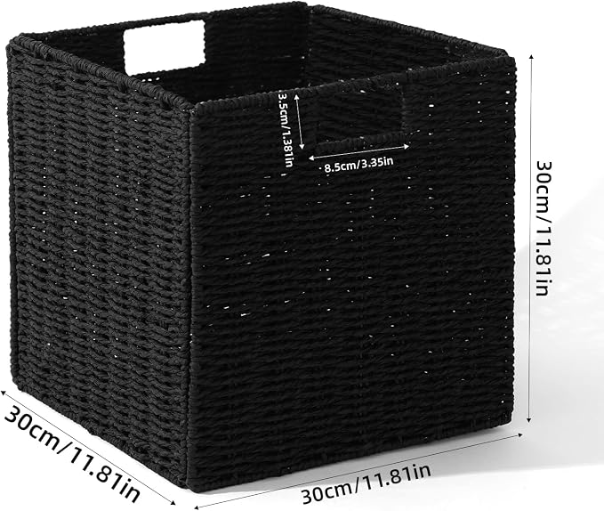 Set of 2 Hand-Woven Paper Rope Wicker Baskets, Storage Basket, Foldable Cube Storage Bins, Black Storage Cubes, Square Baskets for Organizing Shelves Decor, 12x12x12in