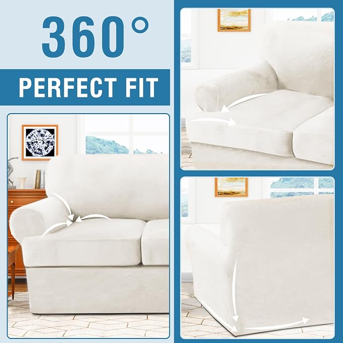 H.VERSAILTEX Sofa Cover 2 Piece T Cushion Armchair Slipcovers Thick Velvet Couch Cover Stretch T Cushion Sofa Covers for 1 Cushion Couch with 1 Individual T Cushion Covers, Porcelain White