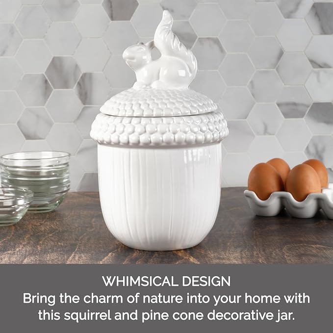 Elements White Squirrel Pinecone Ceramic Jar, 5.91x5.91x10.04 Inch