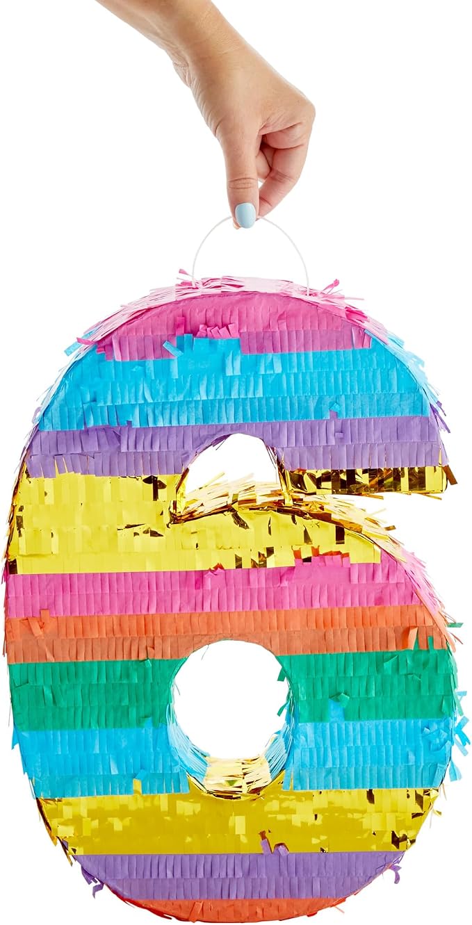BLUE PANDA Rainbow Number 6 Pinata - Sturdy Corrugated Build & Easy Hang for Fiesta Party - Candy Filled 6th Birthday Party Surprise - Vibrant Tie-Dye Items for Kids - Small (16.5x11x3 In), Blue/White