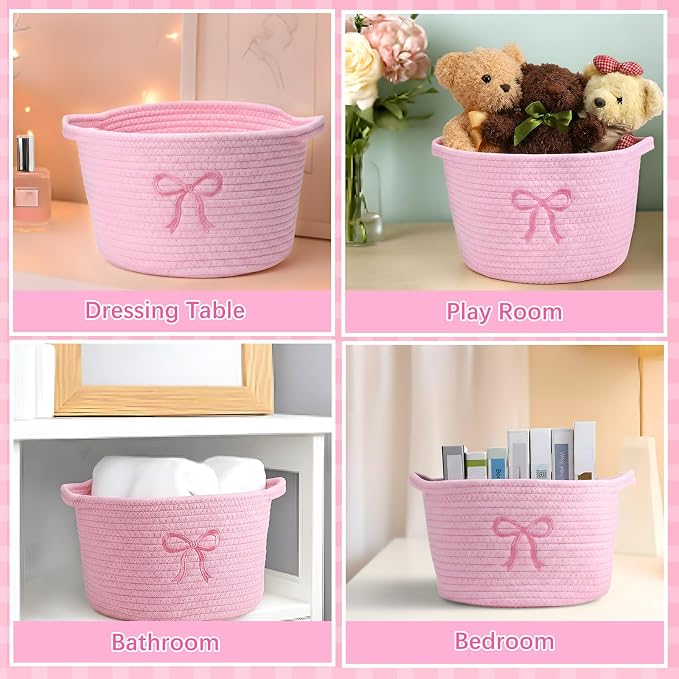 Vesici 3 Pcs Pink Bow Small Baskets Coquette Bow Woven Cotton Rope Storage Basket 9.7'' x 7.1'' Laundry Organizer with Handles for Toys Clothes Organization Nursery Bedroom