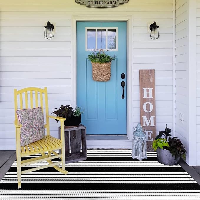 BUAGETUP Black and White Outdoor Rug 3'x 5' Cotton Woven Washable Rug Striped Front Porch Rug Area Rug Floor Mat for Farmhouse/Layered Door Mats/Living Room