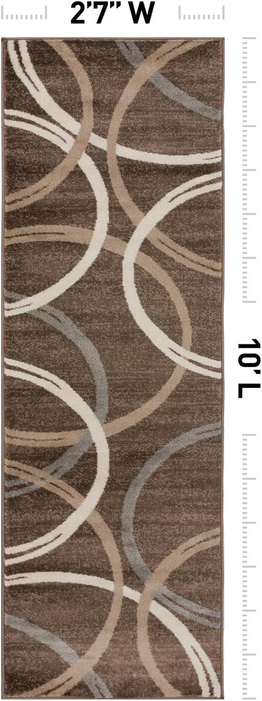 Rugshop Wavy Circles Modern Fade-Resistant Runner Rug Brown 2' x 10' | Runner, Size 2' x 10', Living Room, Bedroom, Dining Room, Home Office, Kitchen, Entryway, Hallway, Nursery, Kids Room