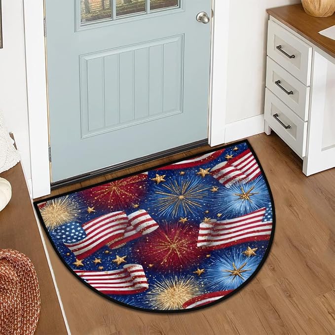 Flag American Half Round Door Mat Semi Moon Rug Fireplace Carpet Area Rugs | American Flag Non Slip Absorbent Half Circle Mat Carpet for Indoor Outdoor Patio Kitchen Bathroom Entryway Home Decor