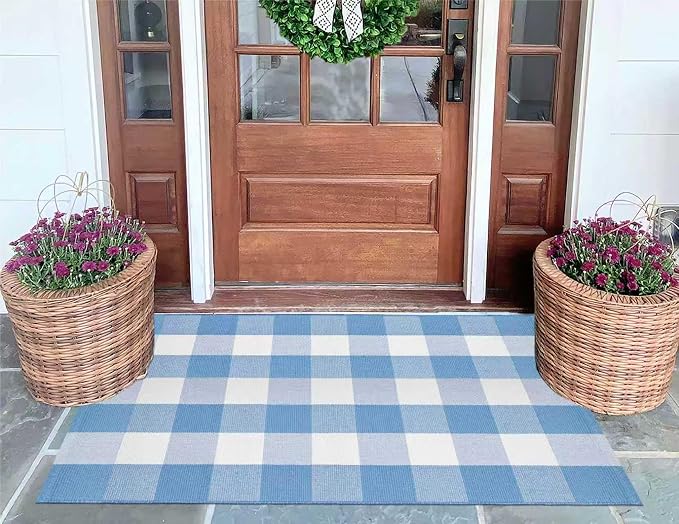 Buffalo Plaid Outdoor Rug 27.5''X 43.3' Light Blue White Checked Porch Rug Cotton Woven Washable Rug Layering Doormat for Welcome Door Mat Entryway Dining Room Bedroom Living Room
