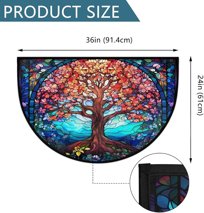 Tree Blue Orange Half Round Door Mat Non-Slip Semi Circle Rug Washable Half Moon Floor Rug Absorbent Bathroom Area Rugs for Outdoor Indoor Fireplace Mat Entryway Kitchen Decor Rugs