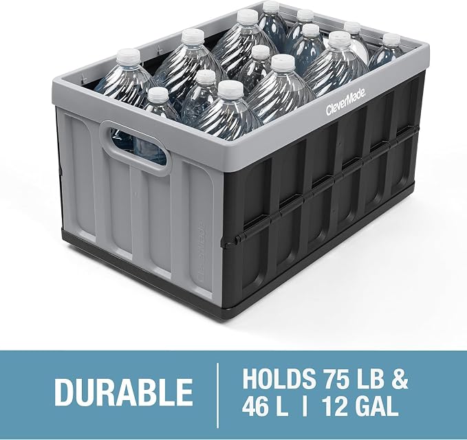 CleverMade Collapsible Storage Bins with Lids, 46L, 3 Pack, Obsidian | Each bin supports 75 lb and stacks with or without its lid. The lid stores underneath, and the crate folds to 2.5 inches.