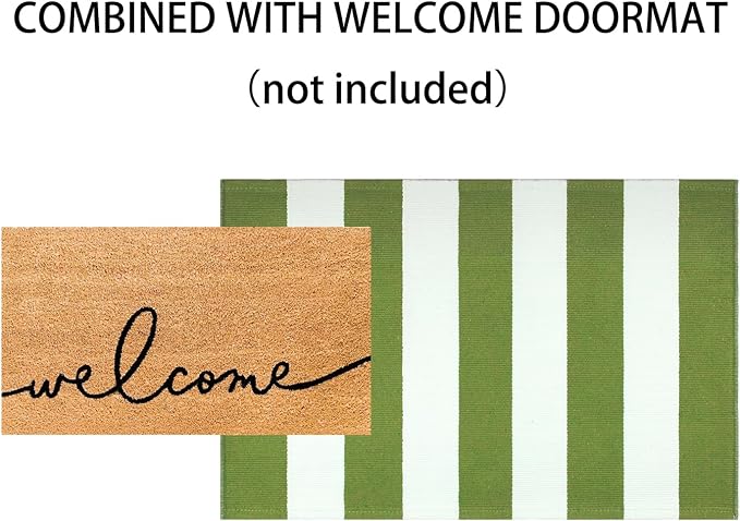 Green and White Layered Door Mats 2x3ft, Striped Outdoor Rug Cotton Woven Washable Farmhouse Small Area Rug for Entryway/Porch Decor/Kitchen/Home Entrance