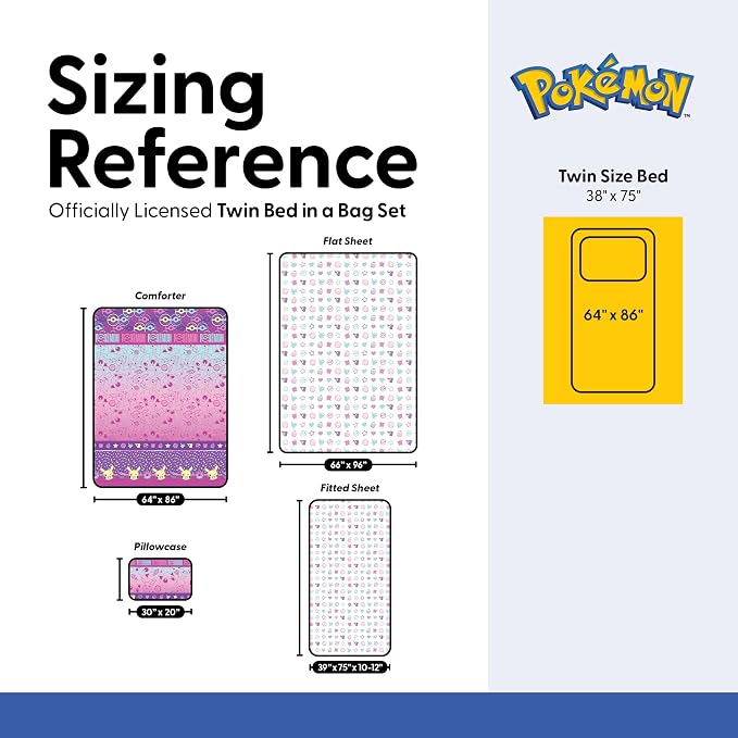 Northwest Pokemon Light and Sweet Twin Size Bed in a Bag Set, Pikachu Eevee Jigglypuff, Kids Boys Girls Bedding Comforter Sheets