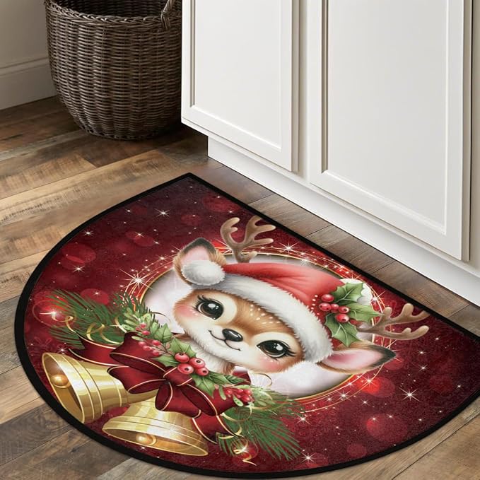 cfpolar Christmas Deer Bells Holly Half Round Door Mat Outdoor Entrance Large 24"x36" Half Circle Welcome Entrance Way Mat Semi Circular Front Door Mat Area Rug for Garage, Patio, High Traffic Areas