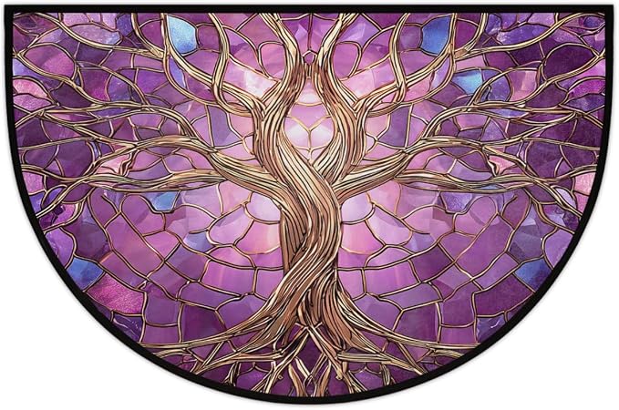 Tree Half Round Door Mat Semi Circle Rug Half Moon Doormat | Soft Washable Mandala Purple Welcome Entrance Mat for Outdoor Indoor Floor Bedroom Bathroom Home Kitchen Festival Decor