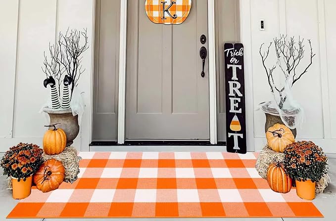 Orange and White Outdoor Rug 24'' x 51'',Halloween Front Porch Rug Fall Cotton Woven Washable Layering Rug for Porch,Entryway,Hallway Indoor Outdoor
