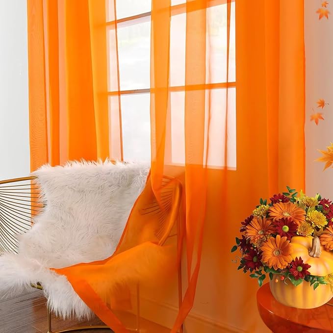 youleyar Solid Sheer Rod Pocket Curtain Voile Draperies 2 Panels White Beige Orange Grey Coffee 60 Inch Width 72 Inch Long 1 Pair for Kitchen Bedroom Children Living Room Yard(Orange,60Wｘ72L)