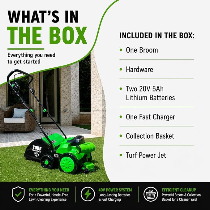 Turf Power Sweep™ MAX + Turf Power Jet™ 40V Cordless Artificial Turf Sweeper & Blower Combo Lifts Flattened Fibers, Removes Debris & Pet Hair