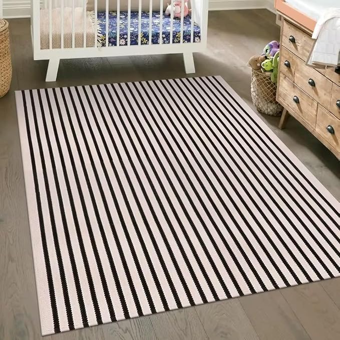 LEEVAN Black and White Striped Patio Outdoor Rug 5x8, Washable Living Room Bedroom Area Rug, Soft Cotton Blend Sturdy Carpet for Kitchen, Dining Room, Playroom, Mudroom, Sunroom