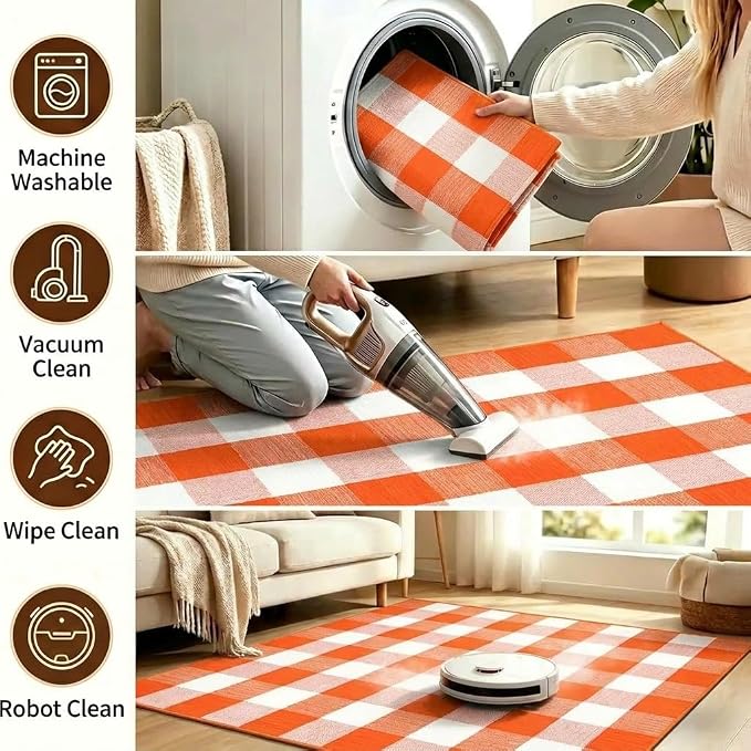 Buffalo Plaid Rug 2'4''x 3'7'' Orange and White Front Door Mat Reversible Halloween Doormat Layered Porch Rug Washable Hand Woven Cotton Area Rug for Indoor Outdoor Entryway Patio Porch Decor