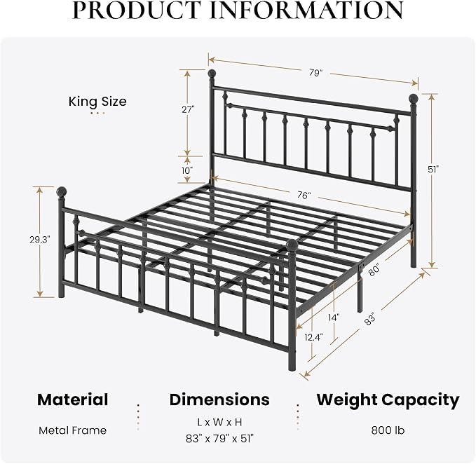 SHA CERLIN 14" King Size Metal Platform Bed Frame/Victorian Headboard and Footboard/Steel Slats Mattress Foundation for Storage/No Box Spring Needed/Noise Free/Black