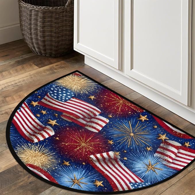 Flag American Half Round Door Mat Semi Moon Rug Fireplace Carpet Area Rugs | American Flag Non Slip Absorbent Half Circle Mat Carpet for Indoor Outdoor Patio Kitchen Bathroom Entryway Home Decor