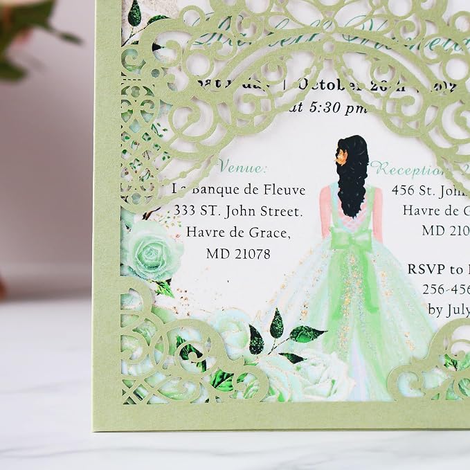 Hosmsua 50PCS Personalized Sage Green Quinceanera Invitations Kit 5.1x7.3 Inch Laser Cut Floral Crown Pocket Quince Invitation Cards with Envelopes for Birthday Bridal Shower