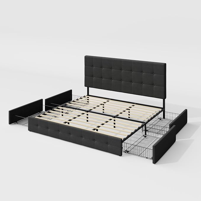 Allewie Upholstered King Size Platform Bed Frame with 4 Storage Drawers and Headboard, Square Stitched Button Tufted, Mattress Foundation with Wooden Slats Support, No Box Spring Needed, Dark Grey