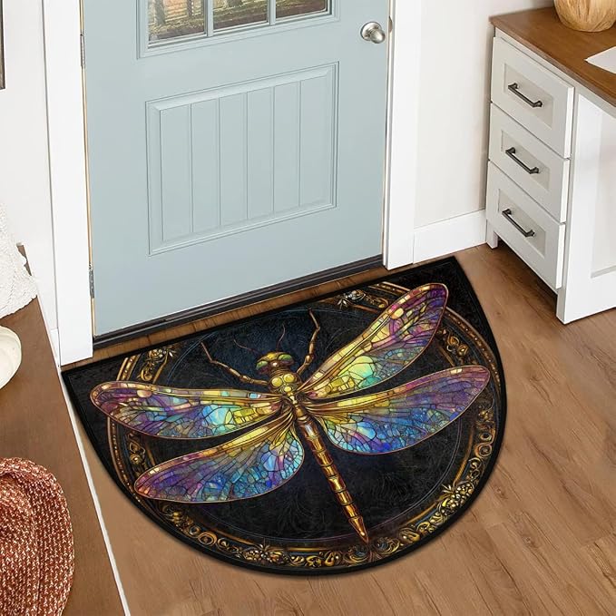 Dragonfly Half Round Door Mat Outdoor Doormat Bedroom Entrance Rug A17 | Bohemian Dragonfly Semi Moon Door Mat Non-Slip Absorbent Kitchen Rug Indoor Welcome Bath Mat 36" X 24"