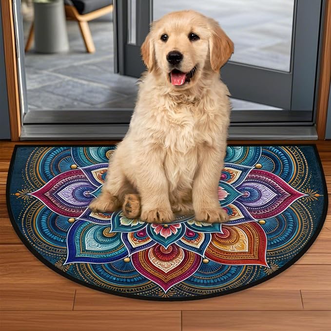 Flower Half Round Door Mat Semi Moon Rug Fireplace Carpet Area Rugs | Colorful Boho Non Slip Absorbent Half Circle Mat Carpet for Indoor Outdoor Patio Kitchen Bathroom Entryway Home Decor