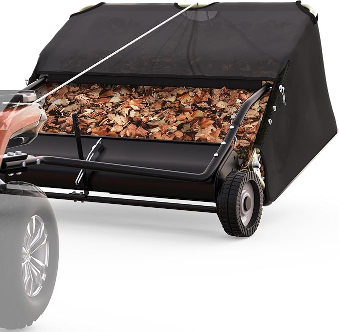 AUTOSAVER88 48" Lawn Sweeper Tow Behind with Adjustable Sweeping Height | Leaf & Grass Collector with Dumping Rope Design, 25 Cu.ft Hopper Pull Behind Lawn Sweeper for Leaves, Grass & Debris