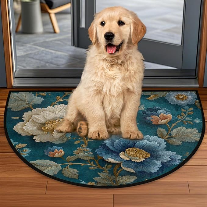 Flower Half Round Door Mat Semi Circle Rug Half Moon Doormat | Soft Washable Teal Blue Welcome Entrance Mat for Outdoor Indoor Floor Bedroom Bathroom Home Kitchen Festival Decor