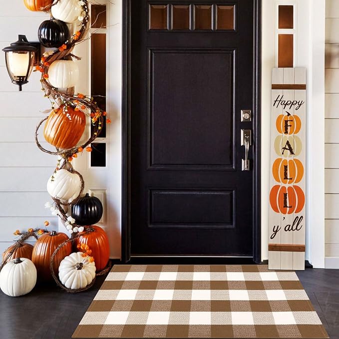 Buffalo Plaid Outdoor Rugs, 2'4" x 3'7" Brown and White Checkered Indoor/Outdoor Area Rug, Layering Rug for Hello/Welcome Door Mat, Washable Cotton Woven Farmhouse Mat for Fall Front Porch Décor