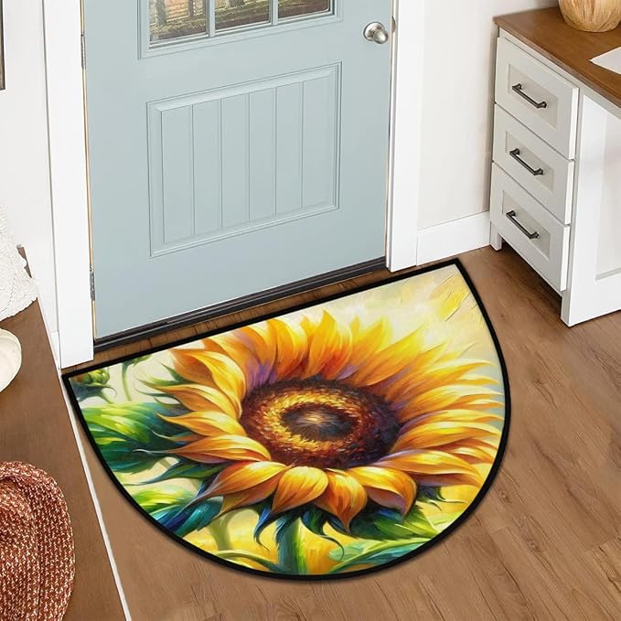 Sunflower Painting Flower Half Round Door Mat Non-Slip Semi Circle Rug Washable Half Moon Floor Rug Absorbent Bathroom Area Rugs for Outdoor Indoor Fireplace Mat Entryway Kitchen Decor Rugs