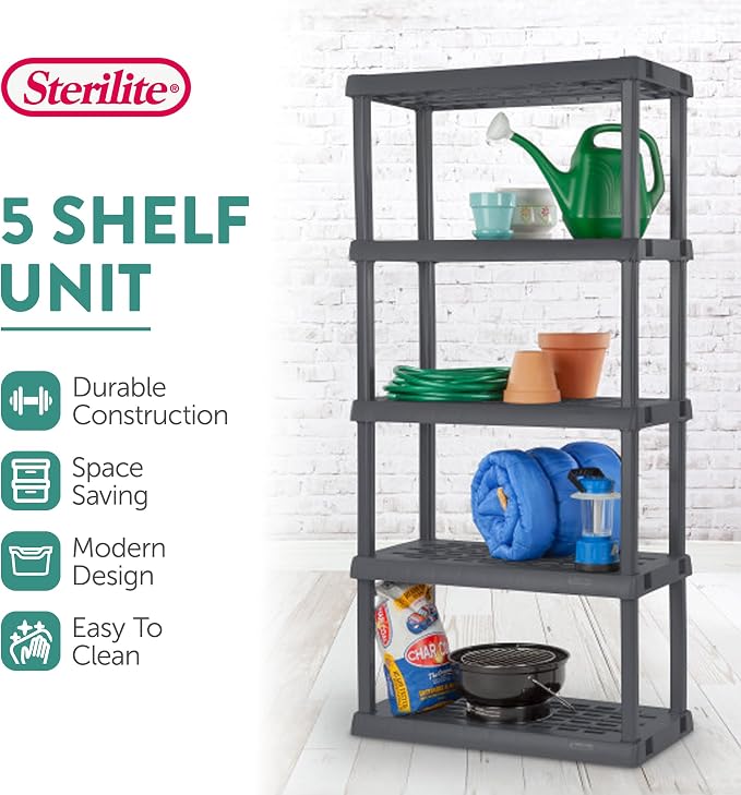 Sterilite 5 Shelf Unit, Heavy-Duty Plastic Utility Storage Rack, 4-Pack | Freestanding Shelving Organizer with 150 lb Capacity Per Shelf for Kitchen, Bathroom, Garage, Basement, Pantry & Laundry Room