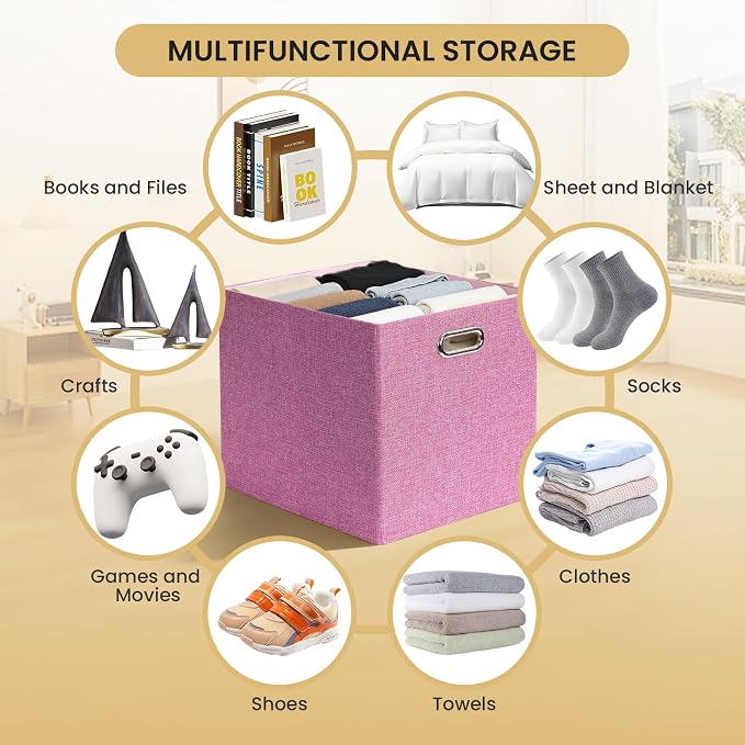 Posprica 3X Thicker Collapsible Storage Bins,13×15x13 Foldable Storage Cube Boxes Fabric Drawer for Closet Shelf Cabinet Bookcase, set of 4 (Pink)