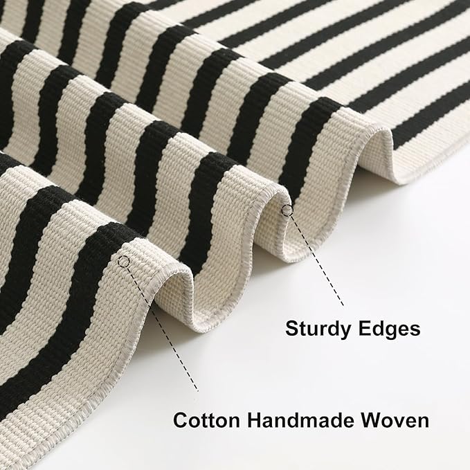 OJIA Washable Area Rugs 4'x6' Black and Cream Outdoor Rug Porch Patio Decor | Cotton Woven Entryway Rugs Indoor Striped Patio Rug Carpet for Bedroom/Front Porch/Deck/Backyard/Home Outside Entrance Decor