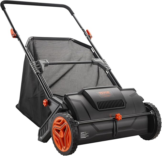 VEVOR Push Lawn Sweeper, 21inch Leaf & Grass Collector, Heavy Duty Thickened Steel Durable to Use with Large Capacity 3.5 cu. ft. Mesh Collection Hopper Bag, 2 Spinning Brushes | Adjustable Brush Height & 2 Spinning Brushes, Manual Yard Sweeper for Lea...